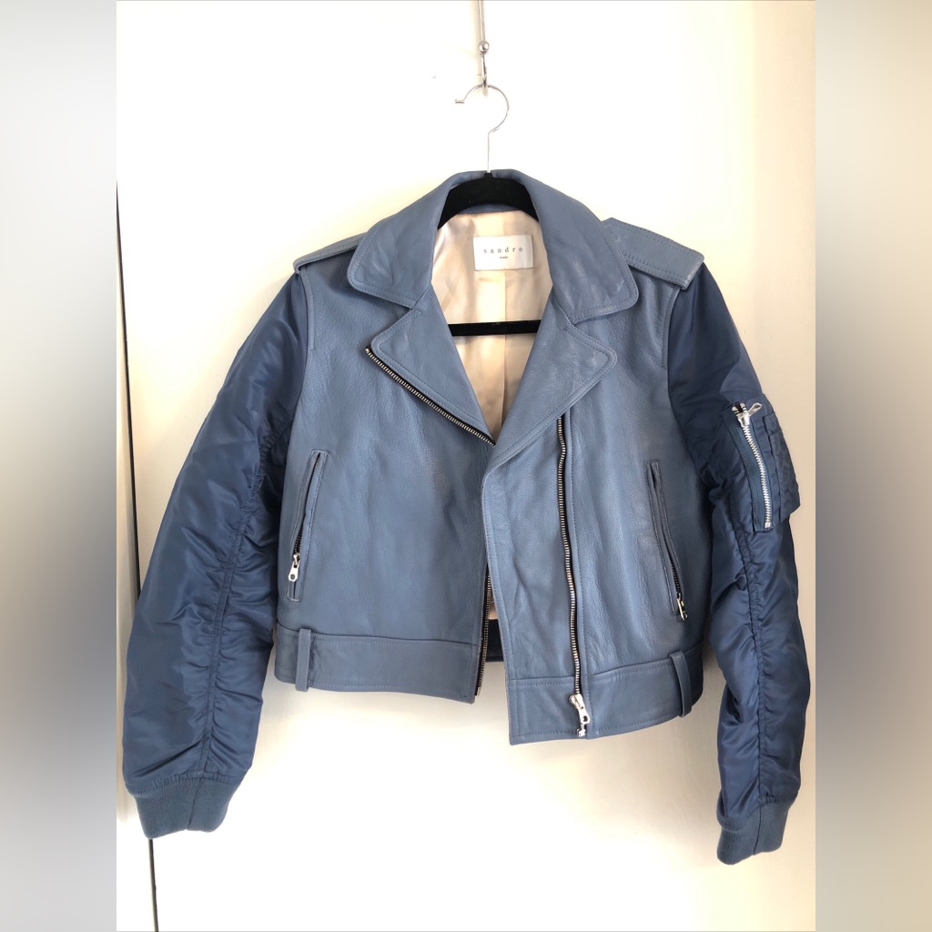 Sandro Blue Women's Leather Biker Varsity Jacket Size Xs